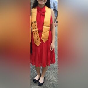 Maggy London pleated red neck tie dress